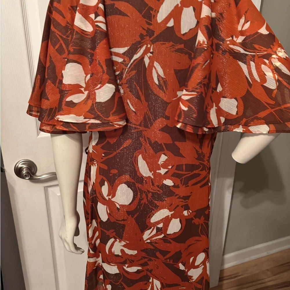 CALVIN KLEIN Flutter Sleeve Wrap Dress 'Earth Multi' Orange Rust Autumn Sz 16 - Picture 5 of 13